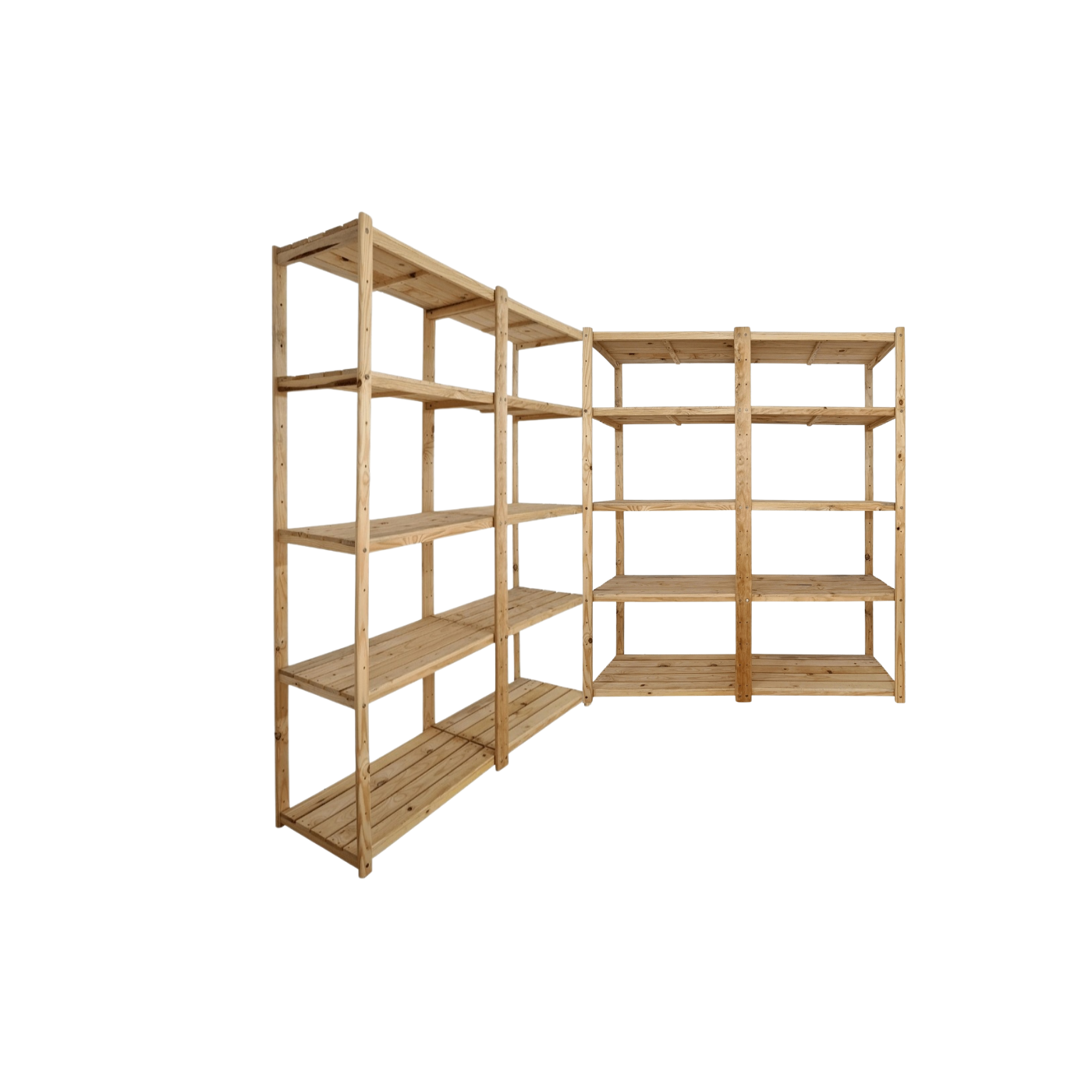 3 Bay Corner L-vorm DIY-houtrakeenheid met 5 vlakke rakke (2,1 m hoog) x 400 mm diepte rak