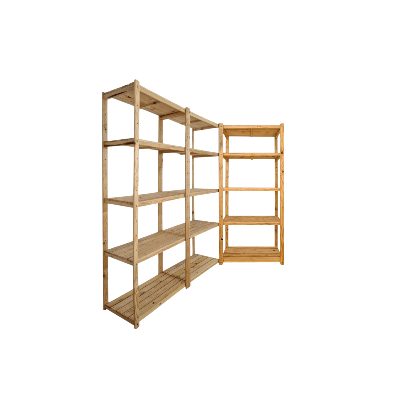 3 Bay Corner L-vorm DIY-houtrakeenheid met 5 vlakke rakke (2,1 m hoog) x 400 mm diepte rak