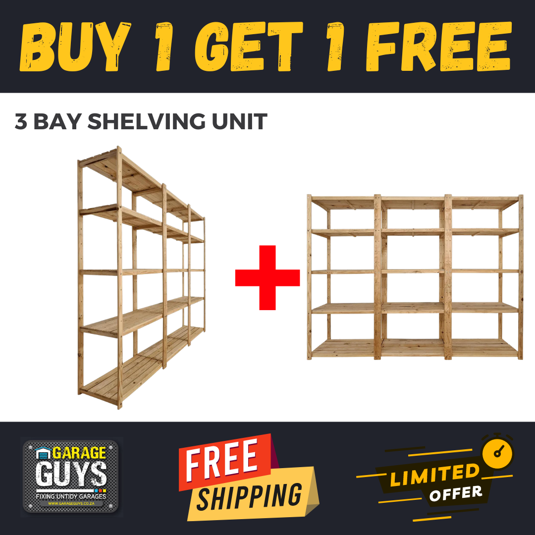 3 Bay DIY Wooden Shelving with 5 levels of Shelves (2.7m High) Promo - Garage Guys
