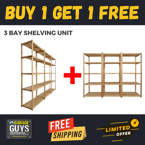 3 Bay DIY Wooden Shelving with 5 levels of Shelves (2.1m High) Promo - Garage Guys