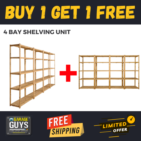 4 Bay DIY Wooden Shelving with 5 levels of Shelves (2.7m High) Promo - Garage Guys