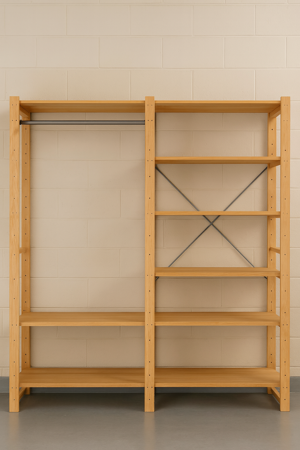 2 Bay 12 Level Pine Wooden Modular DIY Wardrobe Hanging Rail Shelf