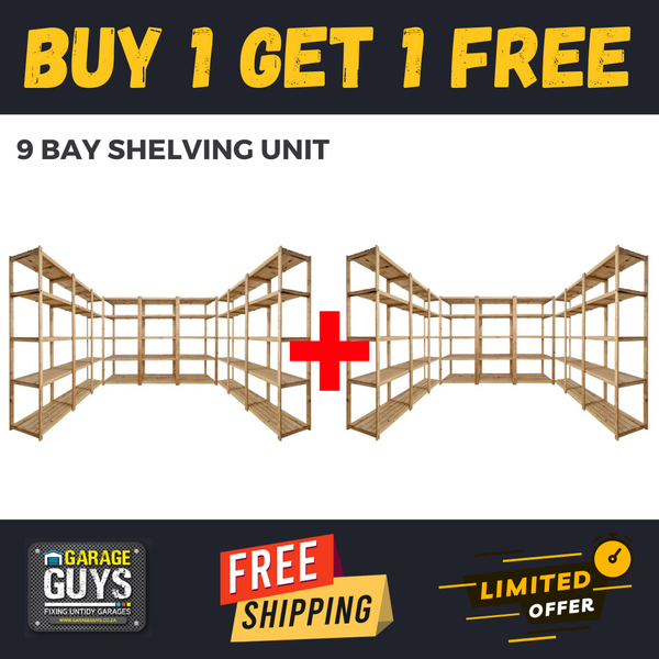 9 Bay DIY Wooden Shelving with 5 levels of Shelves (2.4m High) Promo