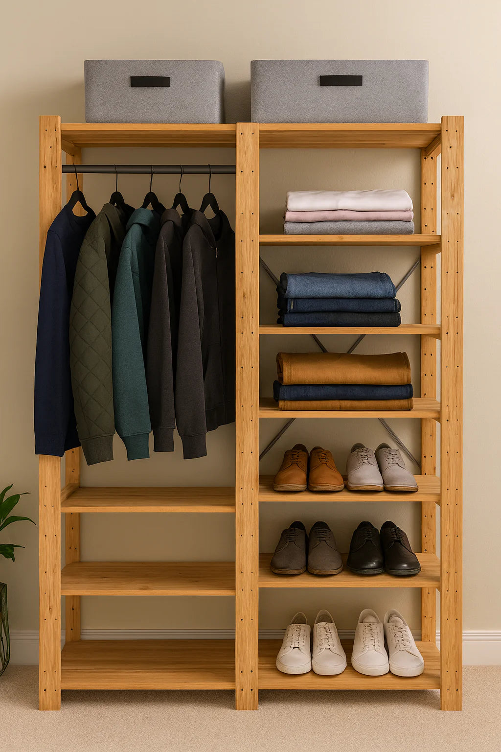 2 Bay 12 Level Pine Wooden Modular DIY Wardrobe Hanging Rail Shelf