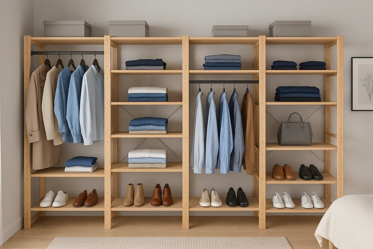 4 Bay 24 Level Pine Wooden Modular DIY Wardrobe Hanging Rail Shelf