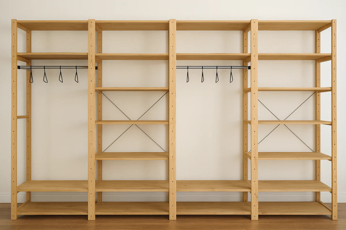 4 Bay 24 Level Pine Wooden Modular DIY Wardrobe Hanging Rail Shelf