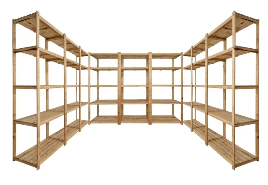 3 Bay Corner L Shape DIY Wooden Shelving Unit with 5 levels of Shelves (2.1m High) x 400mm Depth Shelf