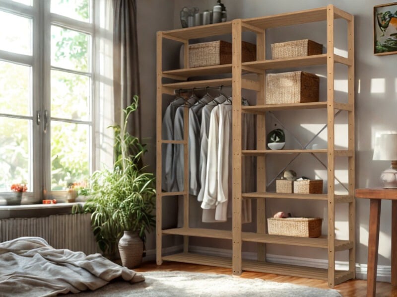 2 Bay 12 Level Pine Wooden Modular DIY Wardrobe Hanging Rail Shelf
