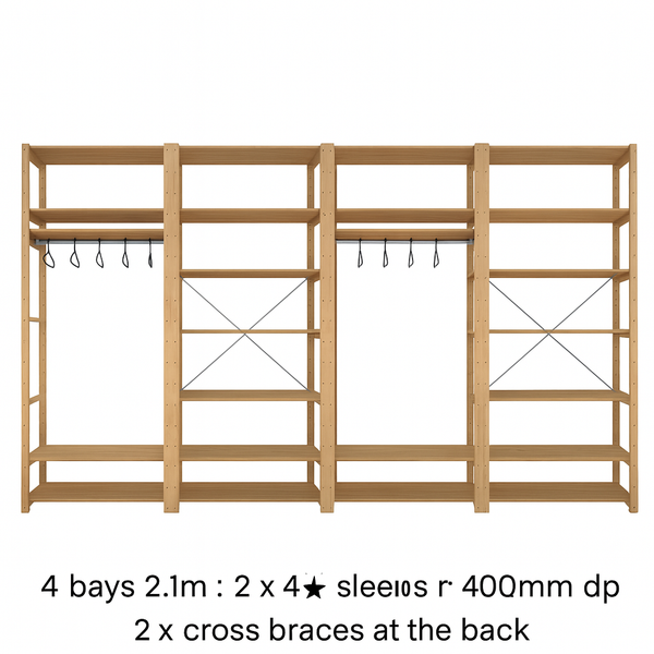 4 Bay 24 Level Pine Wooden Modular DIY Wardrobe Hanging Rail Shelf