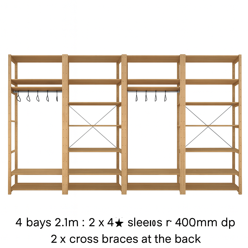 4 Bay 24 Level Pine Wooden Modular DIY Wardrobe Hanging Rail Shelf