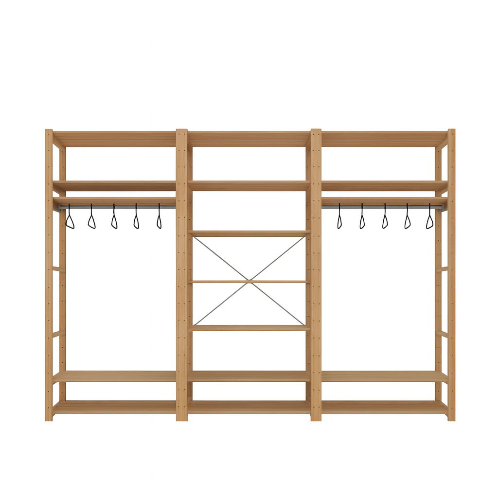 3 Bay 18 Level Pine Wooden Modular DIY Wardrobe Hanging Rail Shelf