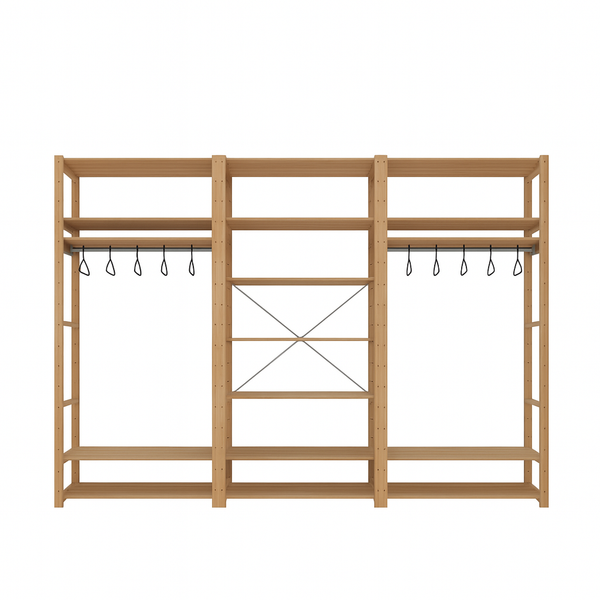 3 Bay 18 Level Pine Wooden Modular DIY Wardrobe Hanging Rail Shelf