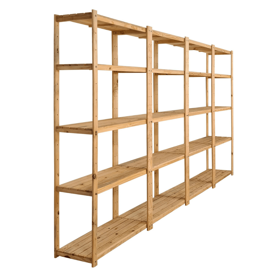4 Bay DIY Wooden Shelving with 5 levels of Shelves (2.7m High) - Garage Guys