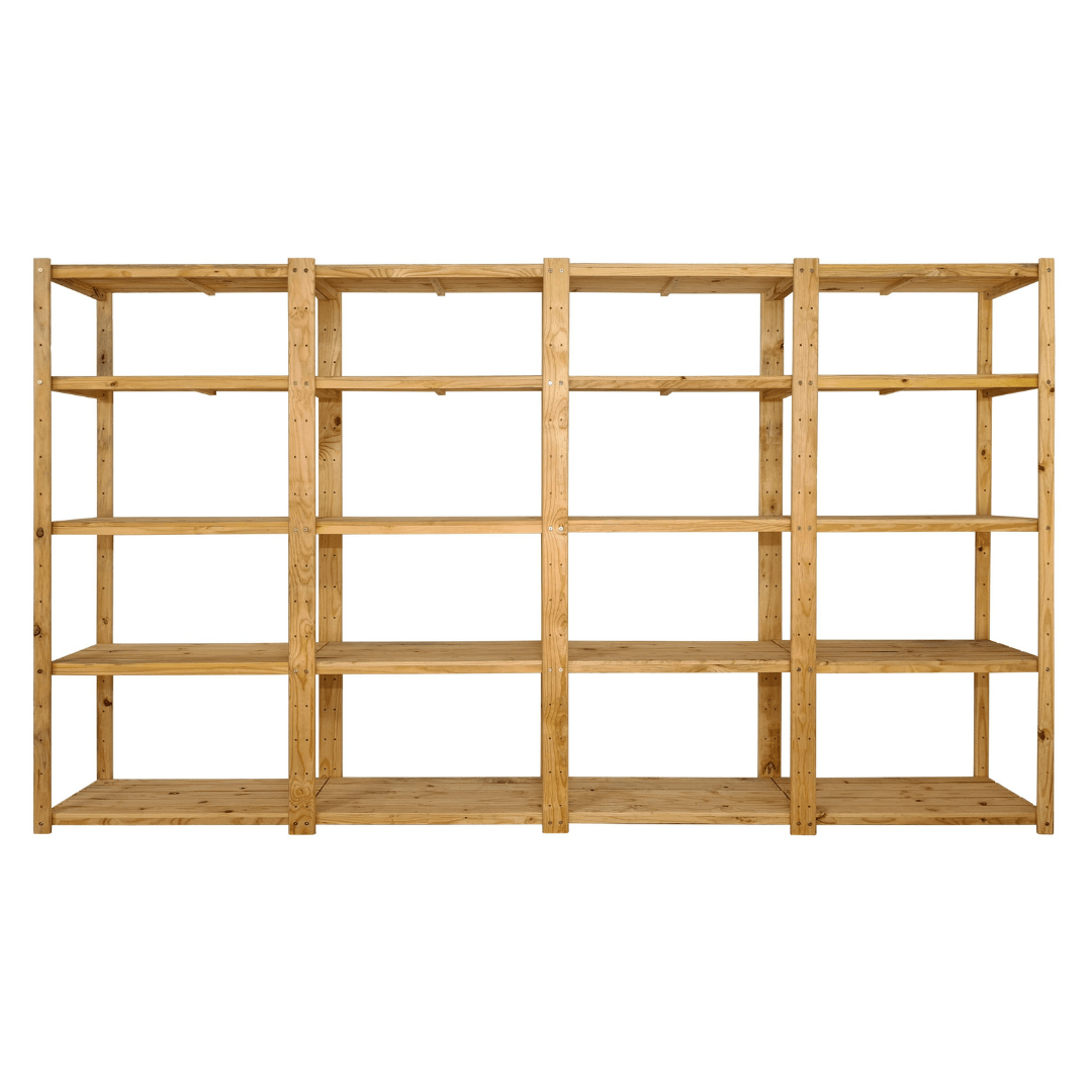 4 Bay DIY Wooden Shelving with 5 levels of Shelves (2.4m High) - Garage Guys