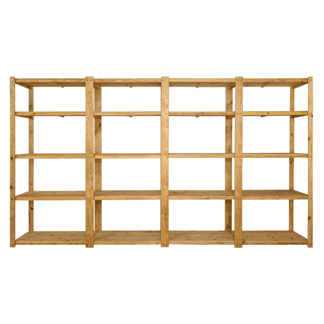 4 Bay DIY Wooden Shelving with 5 levels of Shelves (2.7m High) - Garage Guys