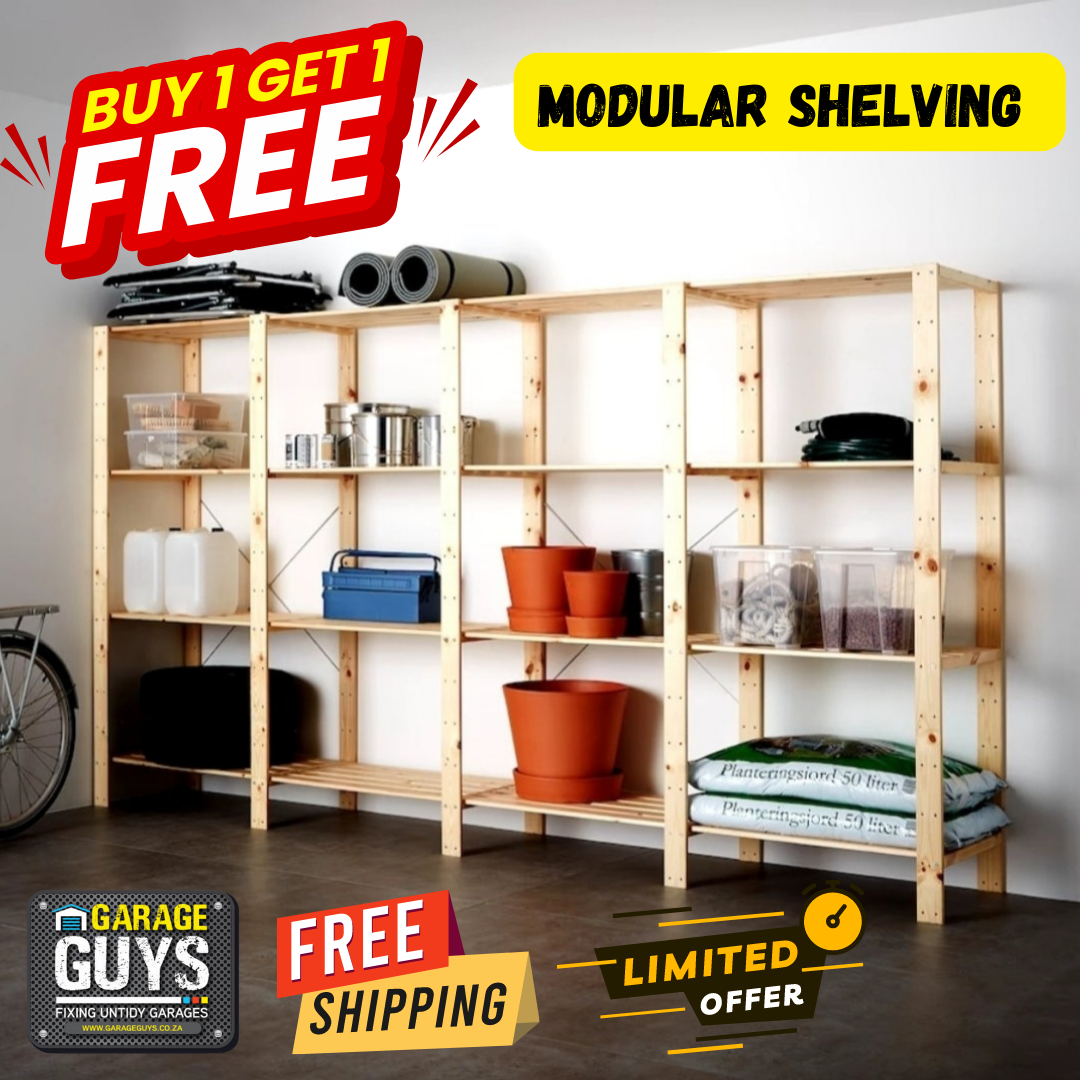 4 Bay DIY Wooden Shelf With 5 Levels Of Shelves (2.4m high) Promo - Garage Guys
