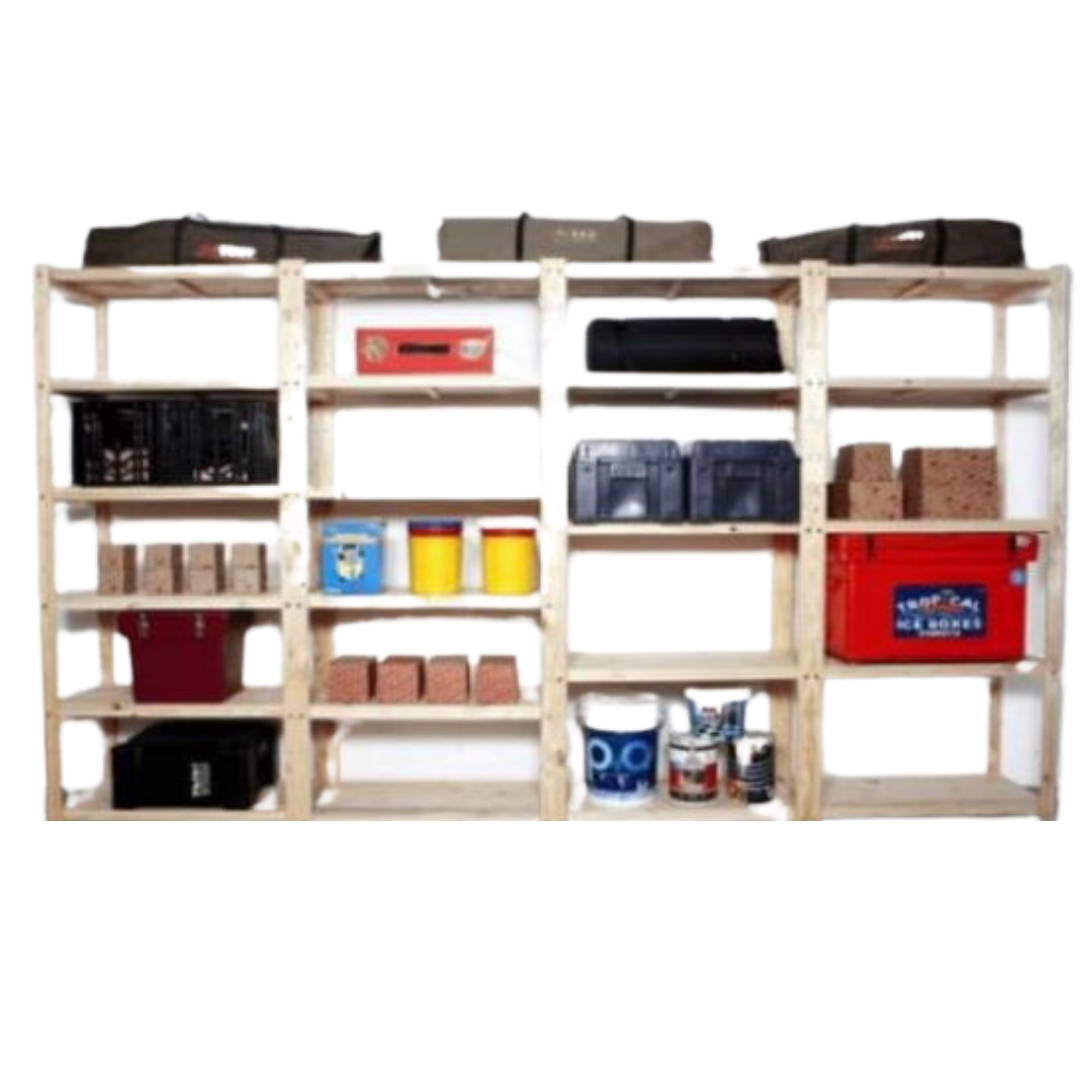 4 Bay DIY Wooden Shelving with 5 levels of Shelves (2.1m High) Promo - Garage Guys