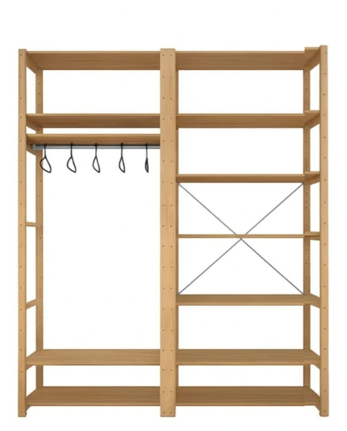 2 Bay 12 Level Pine Wooden Modular DIY Wardrobe Hanging Rail Shelf