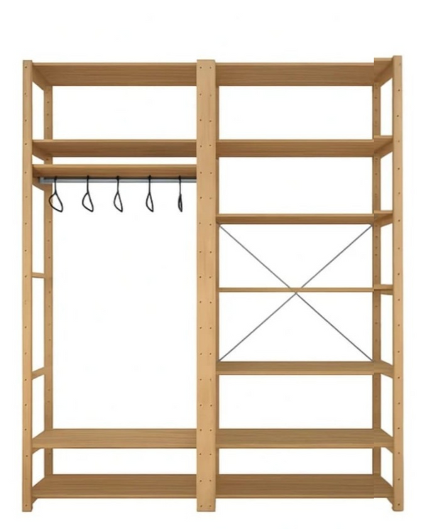 2 Bay 12 Level Pine Wooden Modular DIY Wardrobe Hanging Rail Shelf