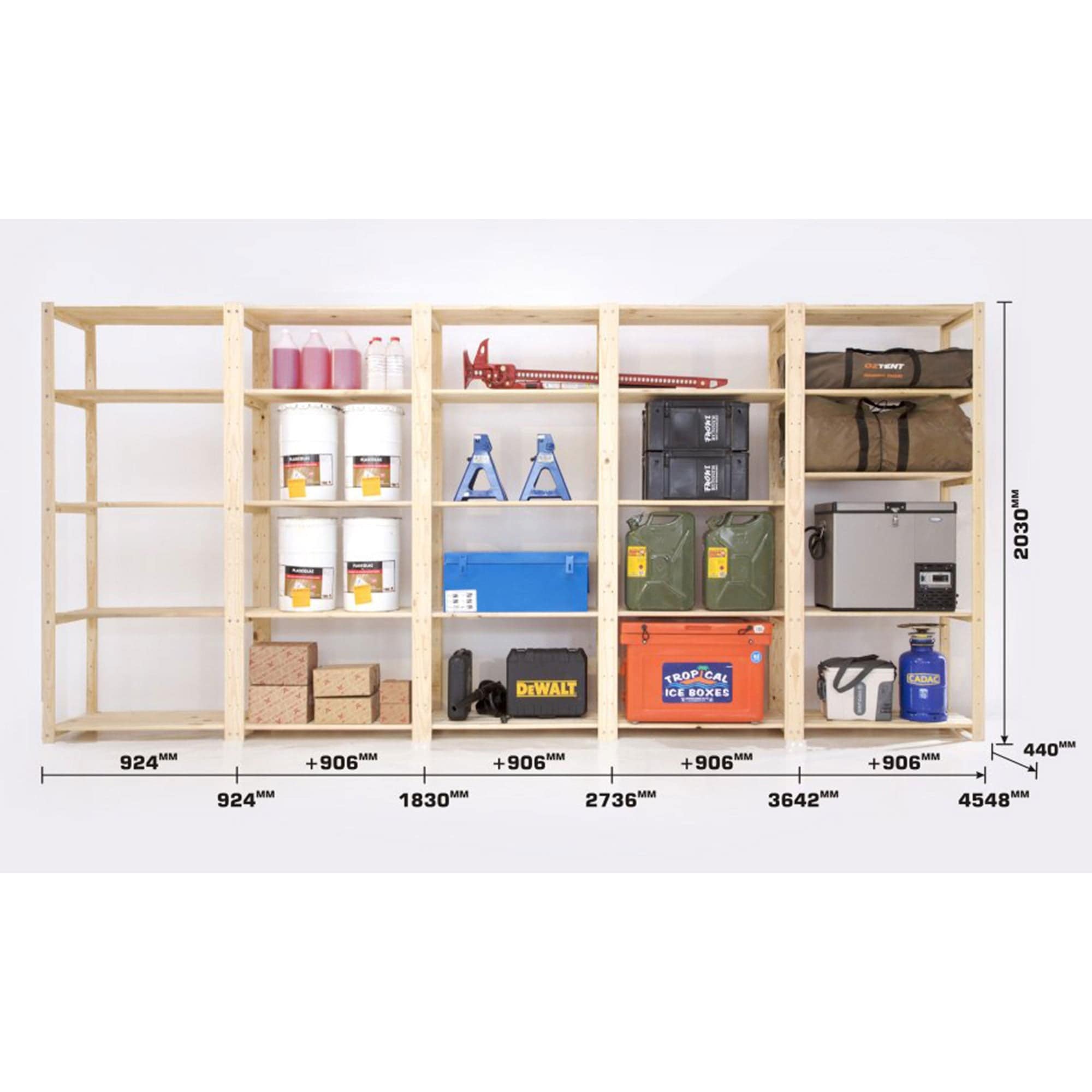 5 Bay DIY Wooden Shelving with 5 levels of Shelves (2.1m High) - Garage Guys